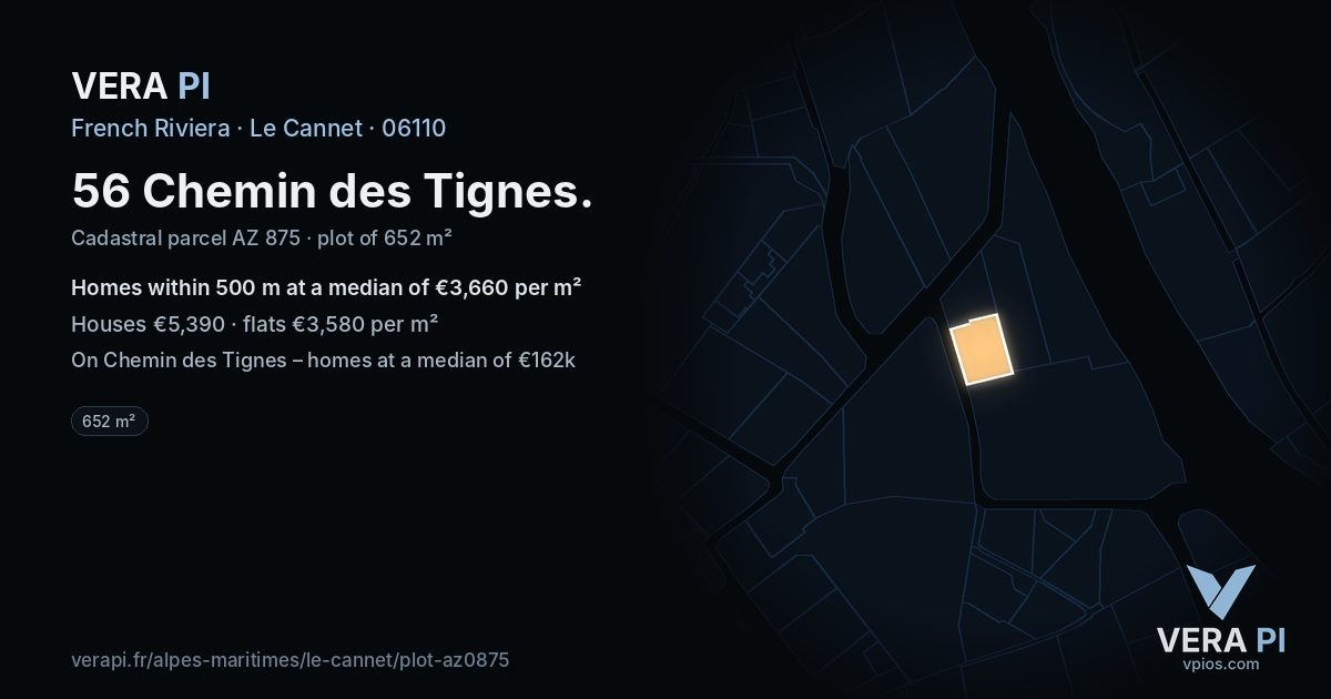 56 Chemin des Tignes, Le Cannet at night – the plot lit, the parcels around coloured by the prices near them