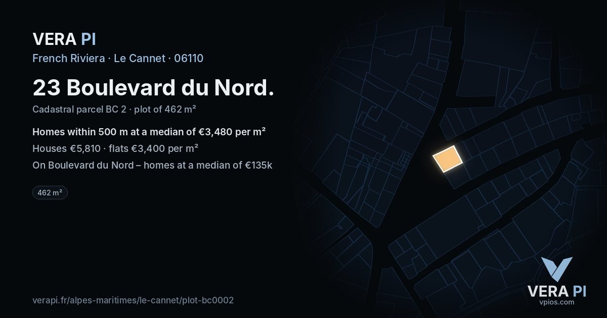 23 Boulevard du Nord, Le Cannet at night – the plot lit, the parcels around coloured by the prices near them