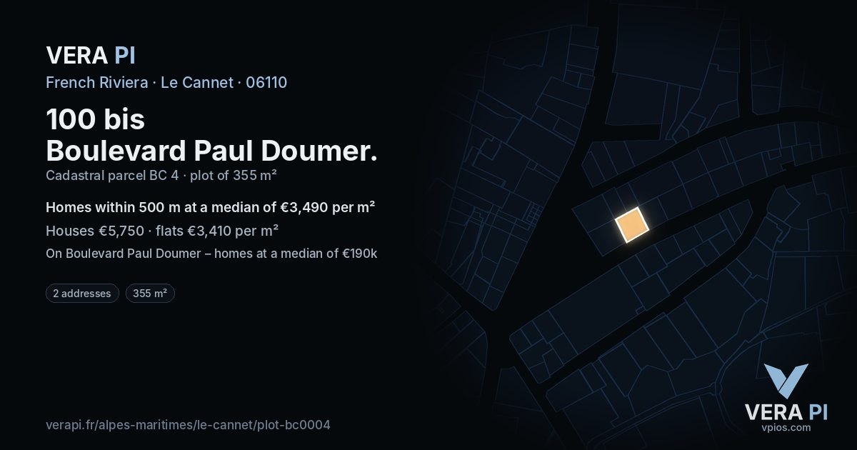 100 bis Boulevard Paul Doumer, Le Cannet at night – the plot lit, the parcels around coloured by the prices near them