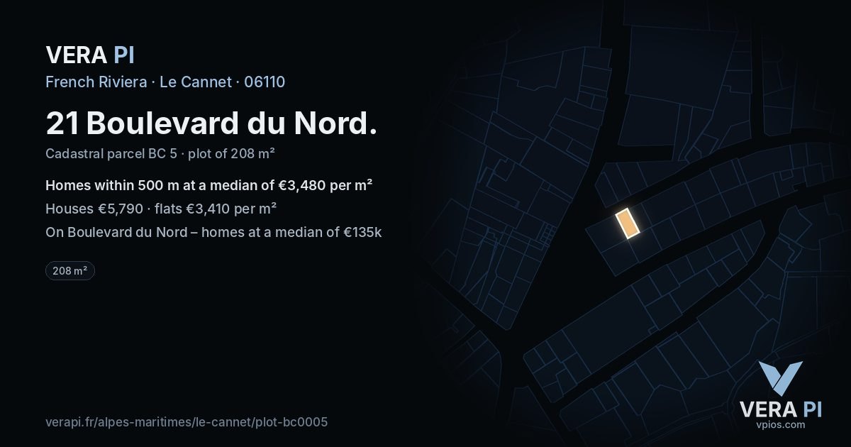 21 Boulevard du Nord, Le Cannet at night – the plot lit, the parcels around coloured by the prices near them