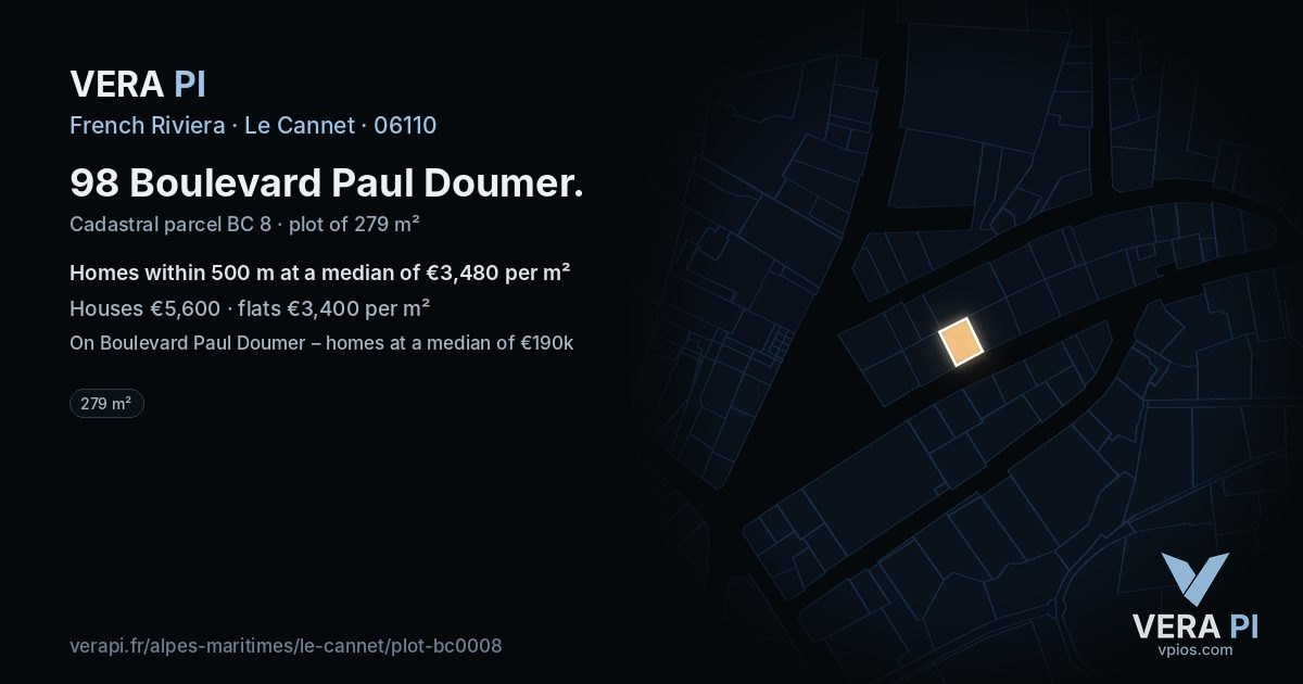 98 Boulevard Paul Doumer, Le Cannet at night – the plot lit, the parcels around coloured by the prices near them