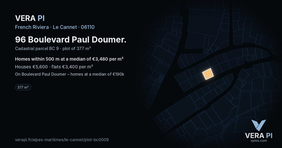 96 Boulevard Paul Doumer, Le Cannet at night – the plot lit, the parcels around coloured by the prices near them