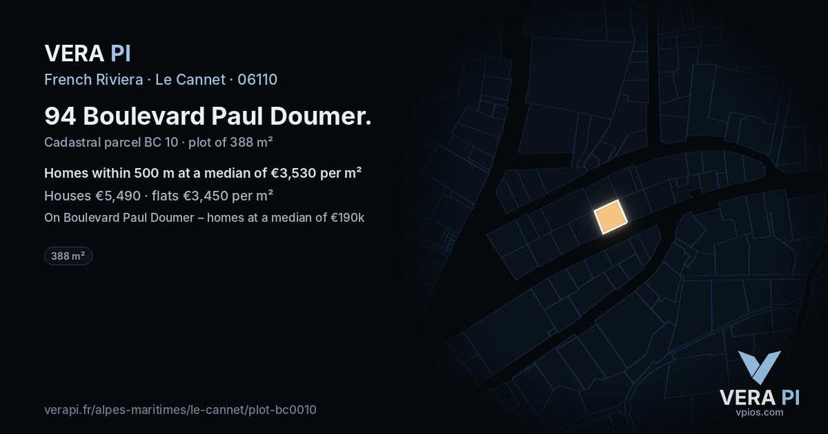 94 Boulevard Paul Doumer, Le Cannet at night – the plot lit, the parcels around coloured by the prices near them