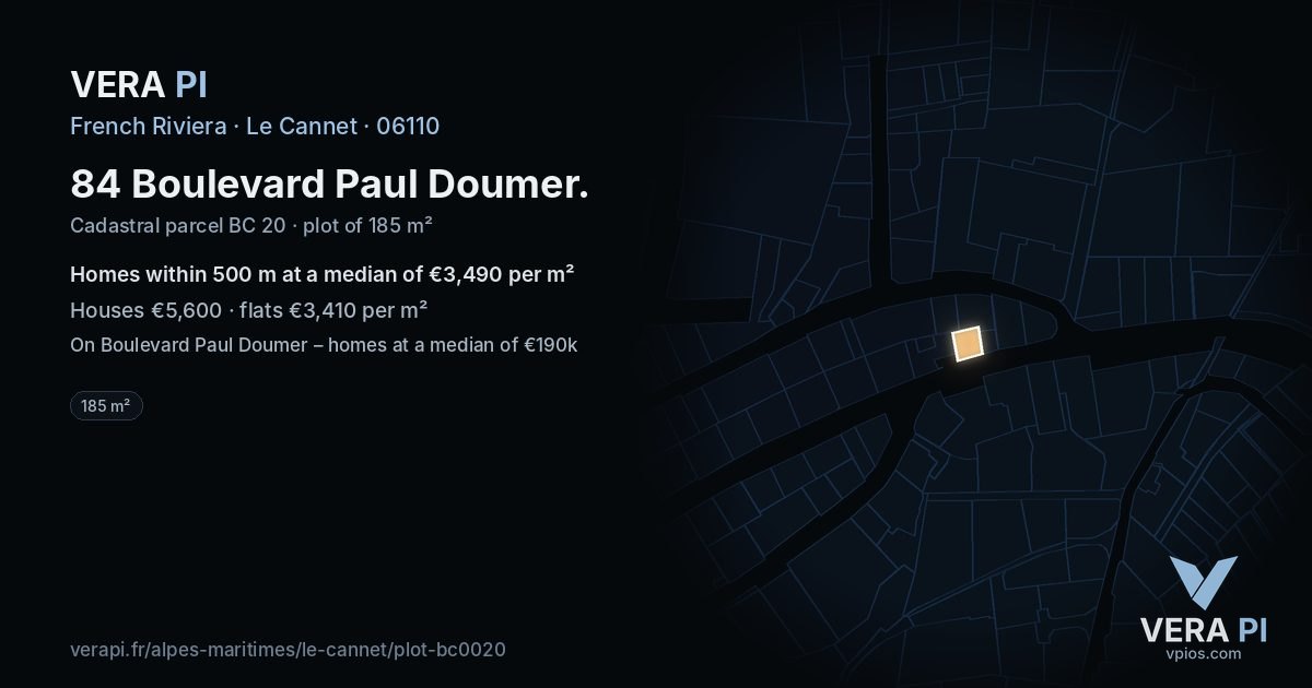 84 Boulevard Paul Doumer, Le Cannet at night – the plot lit, the parcels around coloured by the prices near them
