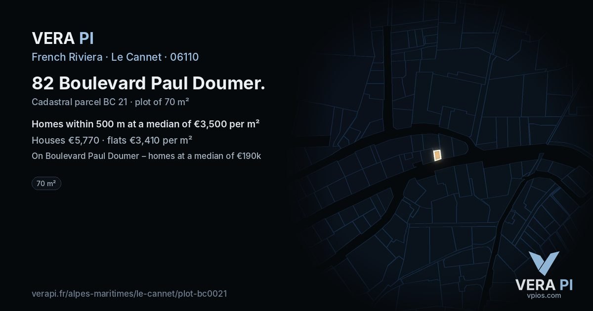 82 Boulevard Paul Doumer, Le Cannet at night – the plot lit, the parcels around coloured by the prices near them