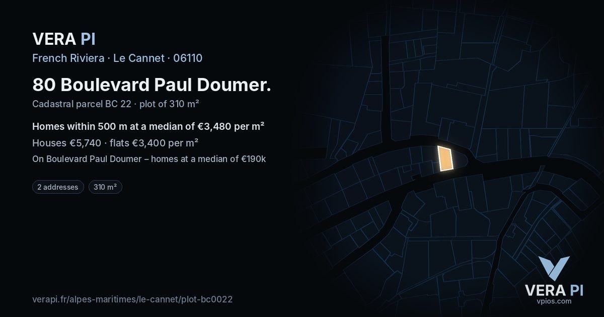 80 Boulevard Paul Doumer, Le Cannet at night – the plot lit, the parcels around coloured by the prices near them