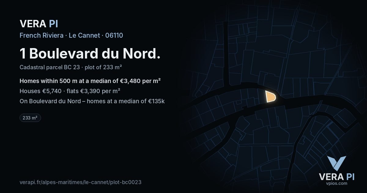 1 Boulevard du Nord, Le Cannet at night – the plot lit, the parcels around coloured by the prices near them