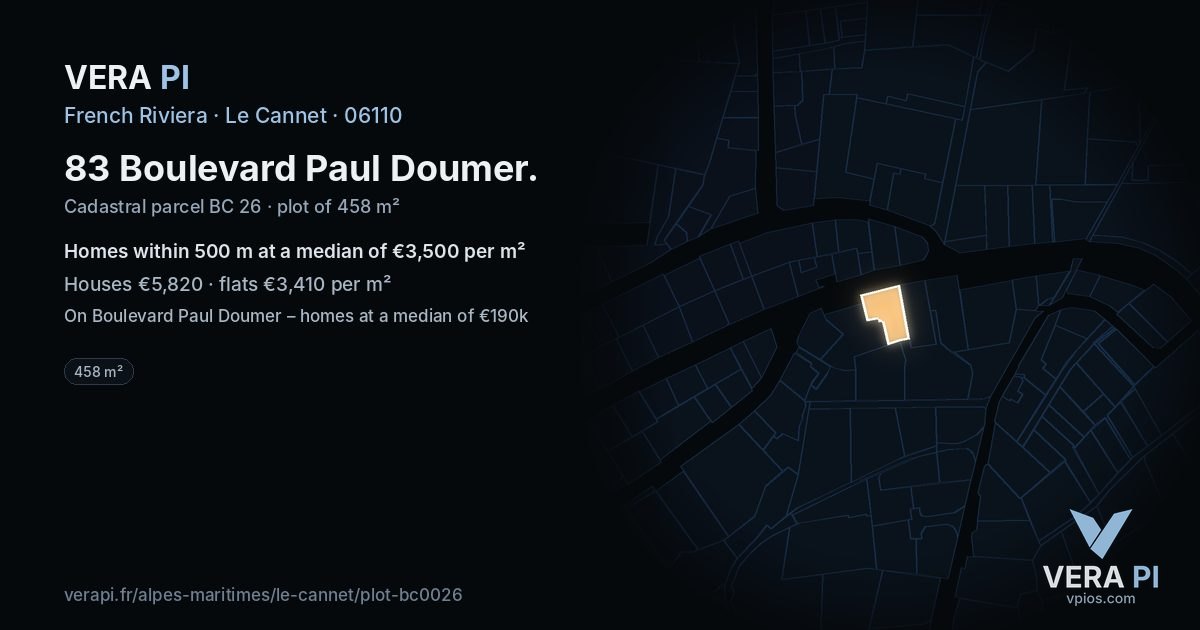 83 Boulevard Paul Doumer, Le Cannet at night – the plot lit, the parcels around coloured by the prices near them