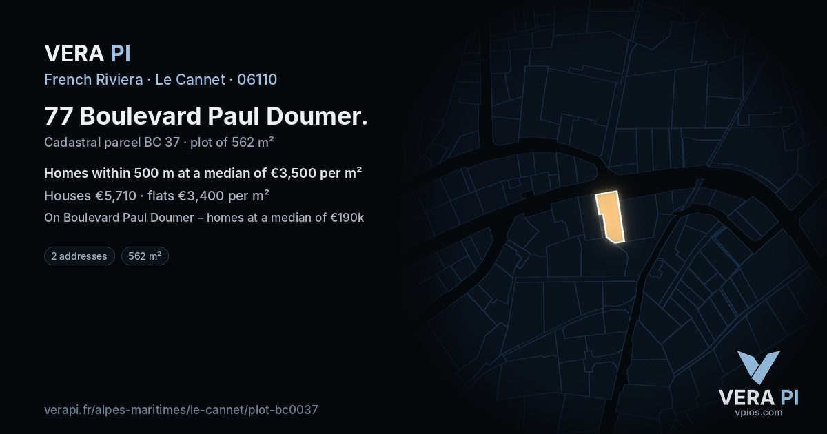 77 Boulevard Paul Doumer, Le Cannet at night – the plot lit, the parcels around coloured by the prices near them