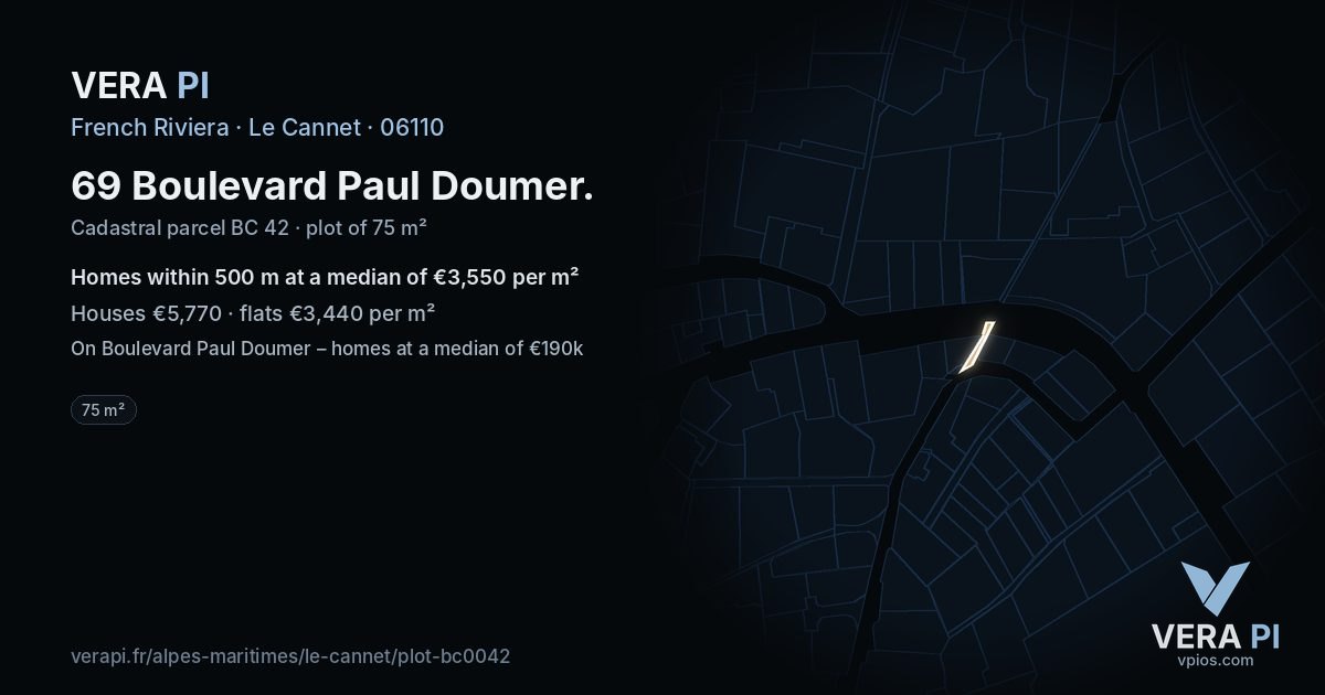 69 Boulevard Paul Doumer, Le Cannet at night – the plot lit, the parcels around coloured by the prices near them