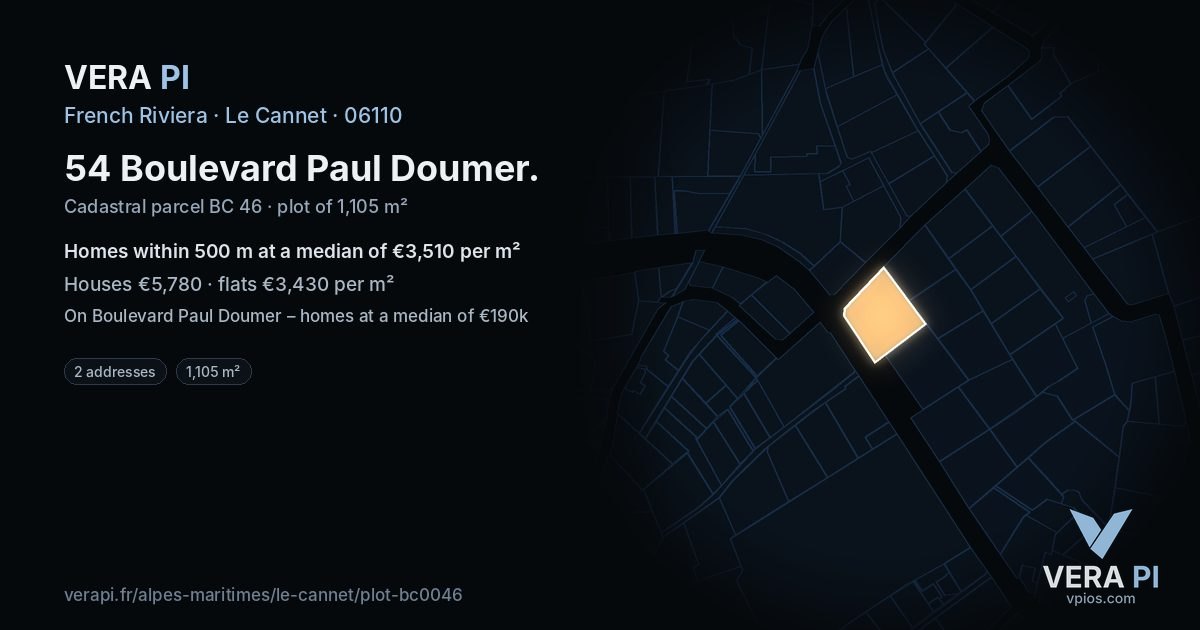 54 Boulevard Paul Doumer, Le Cannet at night – the plot lit, the parcels around coloured by the prices near them