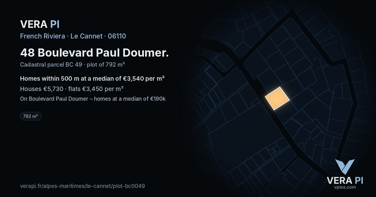 48 Boulevard Paul Doumer, Le Cannet at night – the plot lit, the parcels around coloured by the prices near them