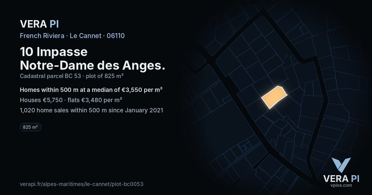 10 Impasse Notre-Dame des Anges, Le Cannet at night – the plot lit, the parcels around coloured by the prices near them