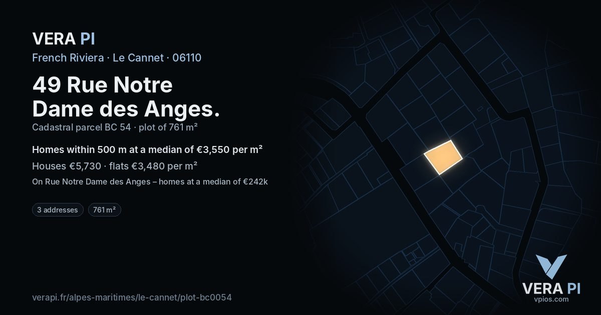 49 Rue Notre Dame des Anges, Le Cannet at night – the plot lit, the parcels around coloured by the prices near them
