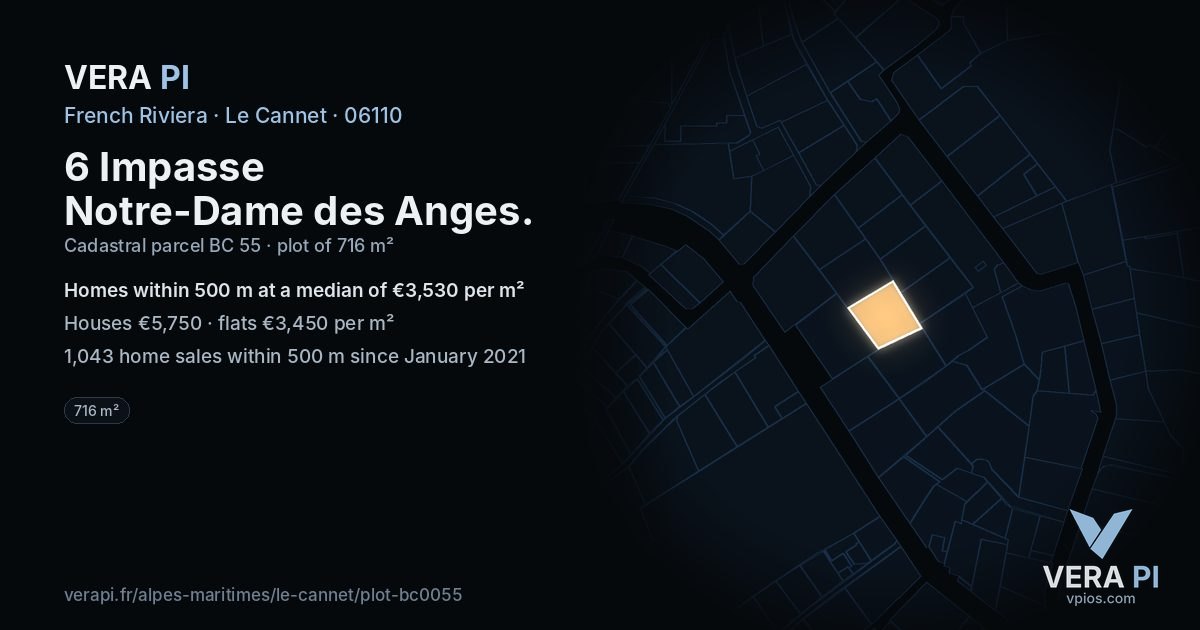 6 Impasse Notre-Dame des Anges, Le Cannet at night – the plot lit, the parcels around coloured by the prices near them