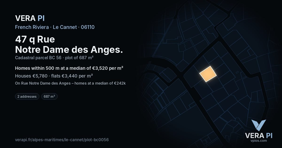 47 q Rue Notre Dame des Anges, Le Cannet at night – the plot lit, the parcels around coloured by the prices near them