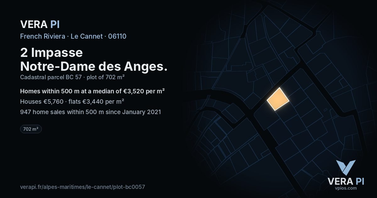 2 Impasse Notre-Dame des Anges, Le Cannet at night – the plot lit, the parcels around coloured by the prices near them