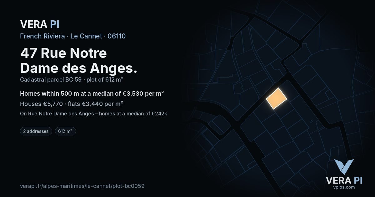 47 Rue Notre Dame des Anges, Le Cannet at night – the plot lit, the parcels around coloured by the prices near them