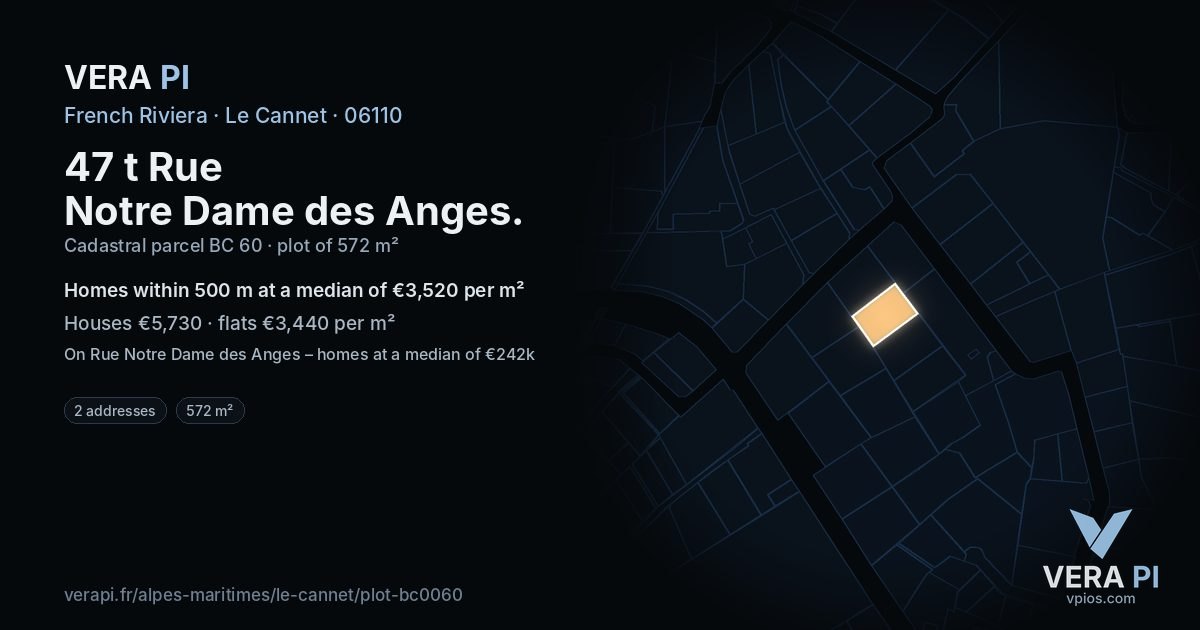 47 t Rue Notre Dame des Anges, Le Cannet at night – the plot lit, the parcels around coloured by the prices near them