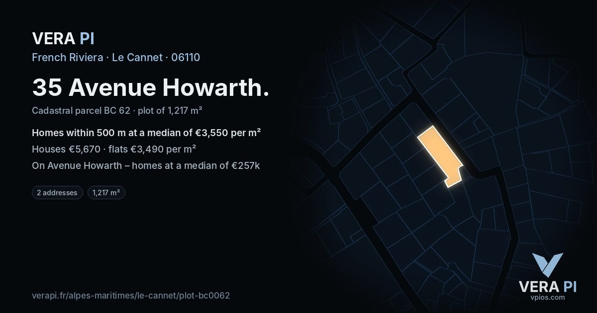 35 Avenue Howarth, Le Cannet at night – the plot lit, the parcels around coloured by the prices near them