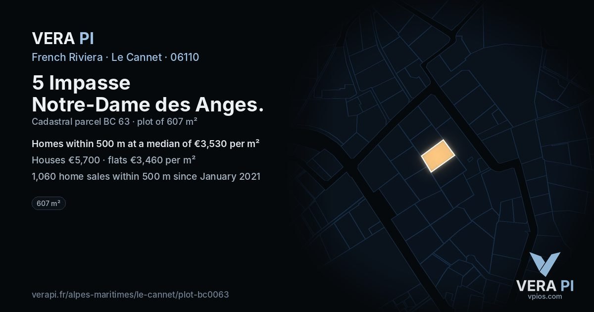 5 Impasse Notre-Dame des Anges, Le Cannet at night – the plot lit, the parcels around coloured by the prices near them