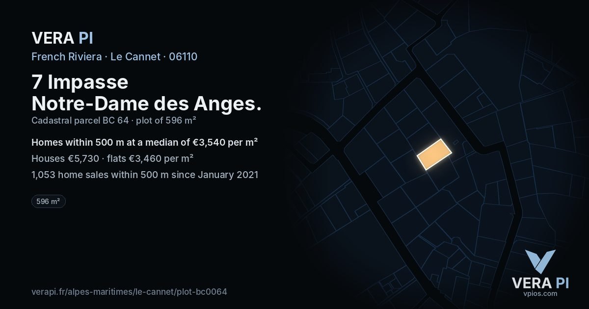 7 Impasse Notre-Dame des Anges, Le Cannet at night – the plot lit, the parcels around coloured by the prices near them