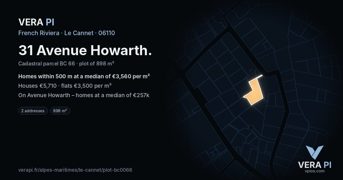 31 Avenue Howarth, Le Cannet at night – the plot lit, the parcels around coloured by the prices near them