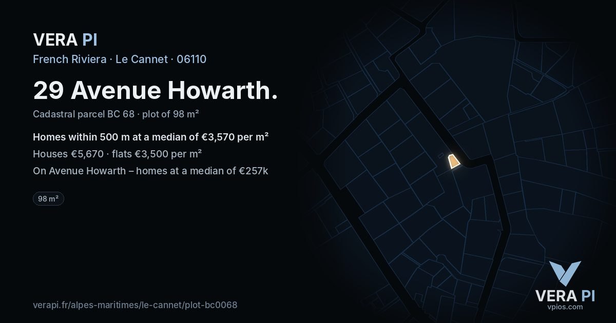 29 Avenue Howarth, Le Cannet at night – the plot lit, the parcels around coloured by the prices near them