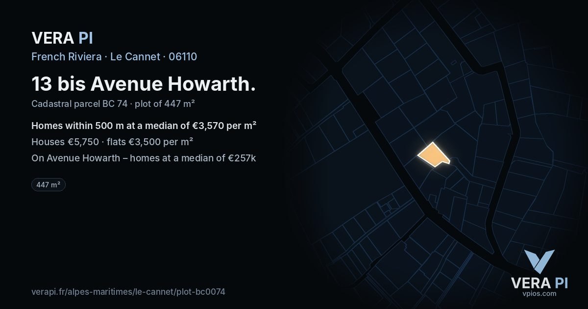 13 bis Avenue Howarth, Le Cannet at night – the plot lit, the parcels around coloured by the prices near them