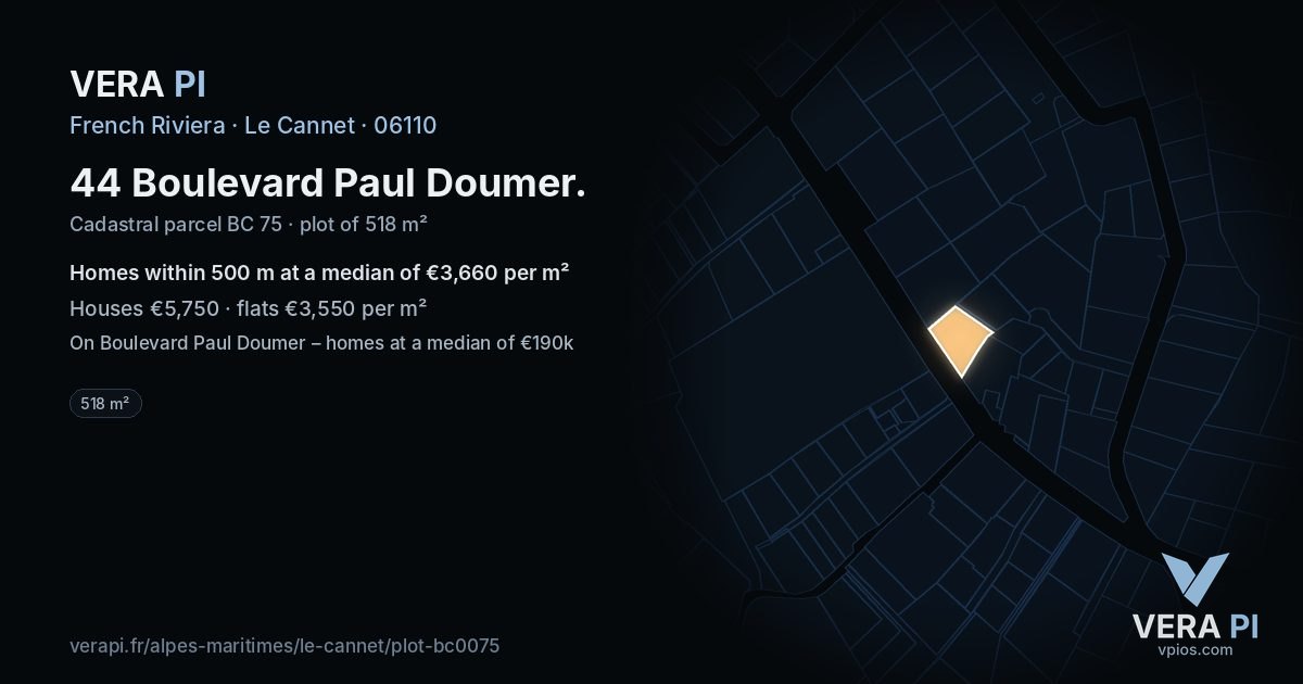 44 Boulevard Paul Doumer, Le Cannet at night – the plot lit, the parcels around coloured by the prices near them