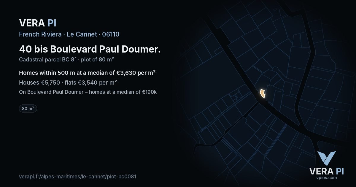 40 bis Boulevard Paul Doumer, Le Cannet at night – the plot lit, the parcels around coloured by the prices near them