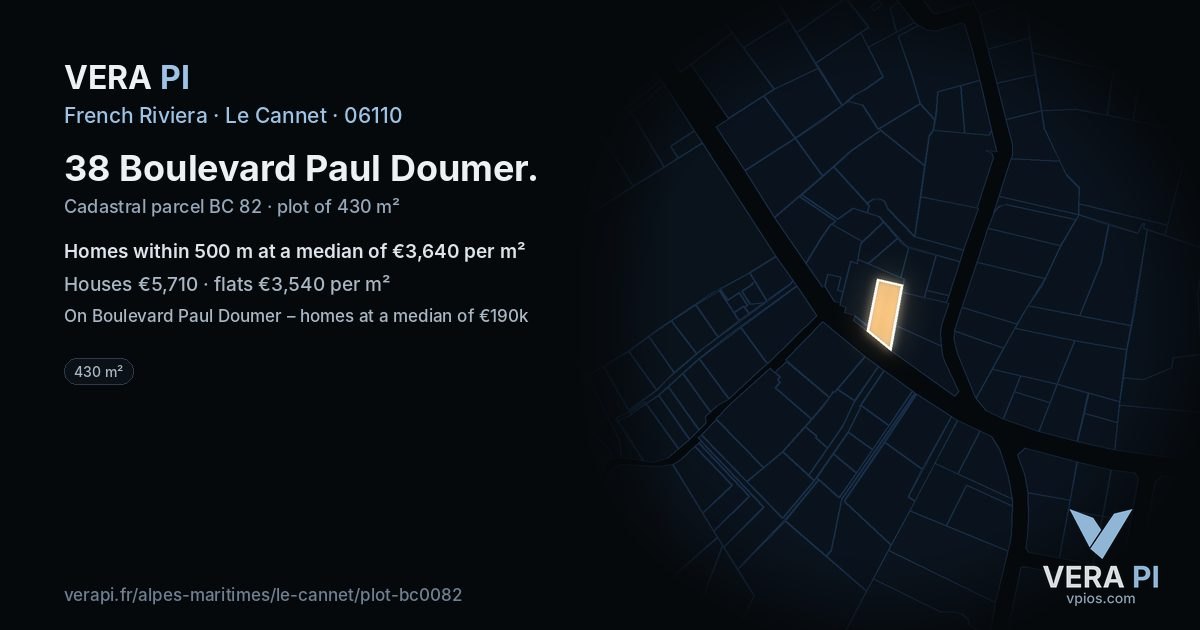38 Boulevard Paul Doumer, Le Cannet at night – the plot lit, the parcels around coloured by the prices near them