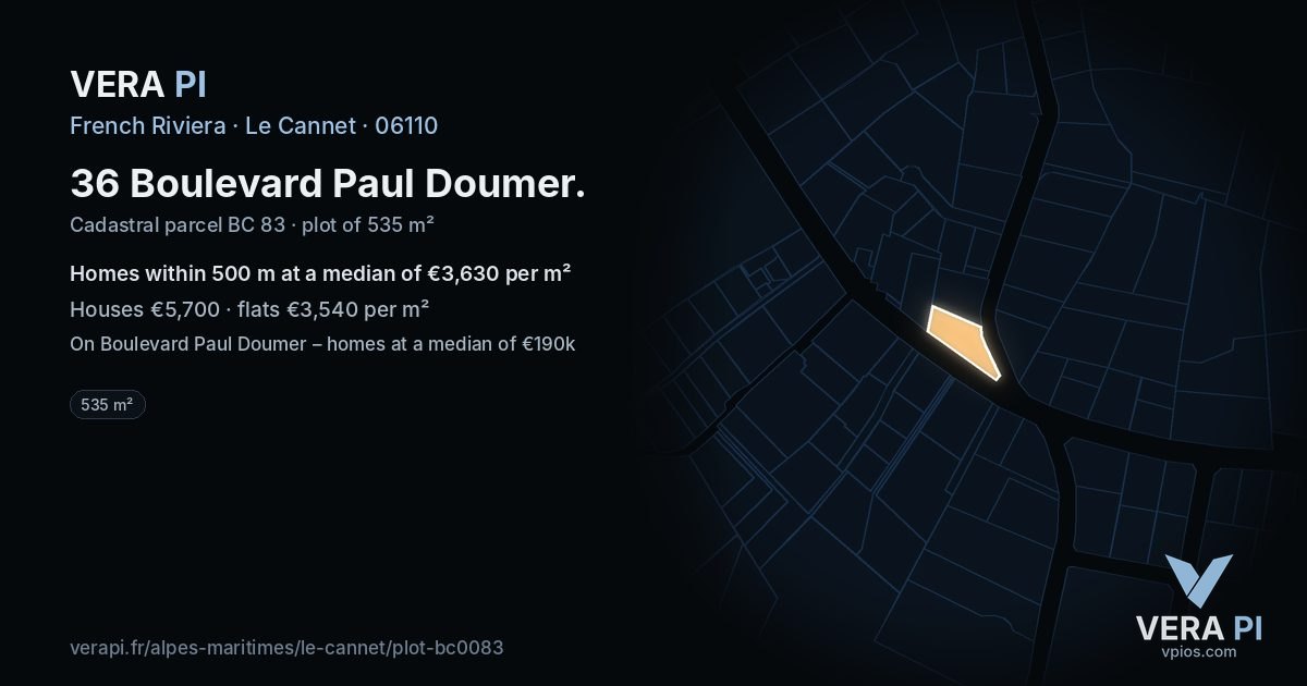 36 Boulevard Paul Doumer, Le Cannet at night – the plot lit, the parcels around coloured by the prices near them