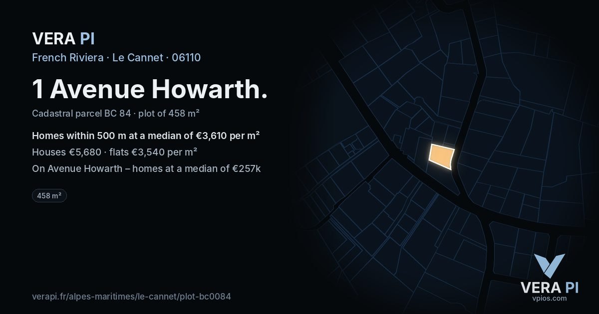 1 Avenue Howarth, Le Cannet at night – the plot lit, the parcels around coloured by the prices near them