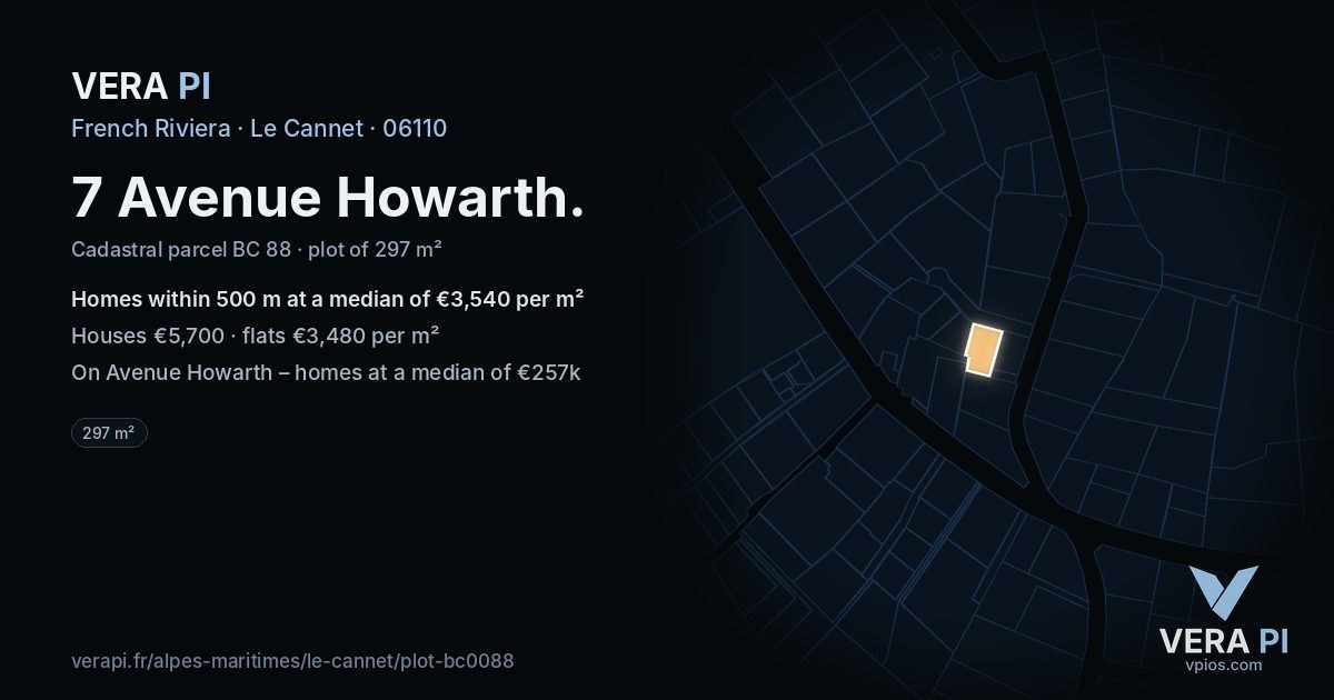 7 Avenue Howarth, Le Cannet at night – the plot lit, the parcels around coloured by the prices near them