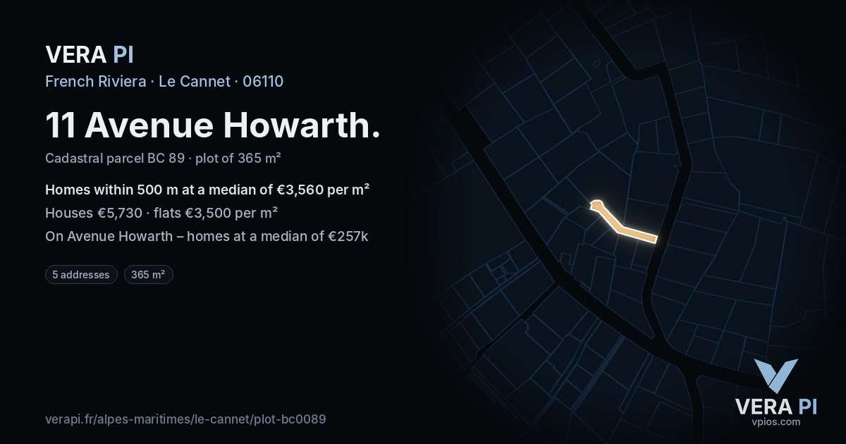 11 Avenue Howarth, Le Cannet at night – the plot lit, the parcels around coloured by the prices near them