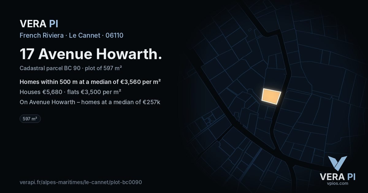 17 Avenue Howarth, Le Cannet at night – the plot lit, the parcels around coloured by the prices near them