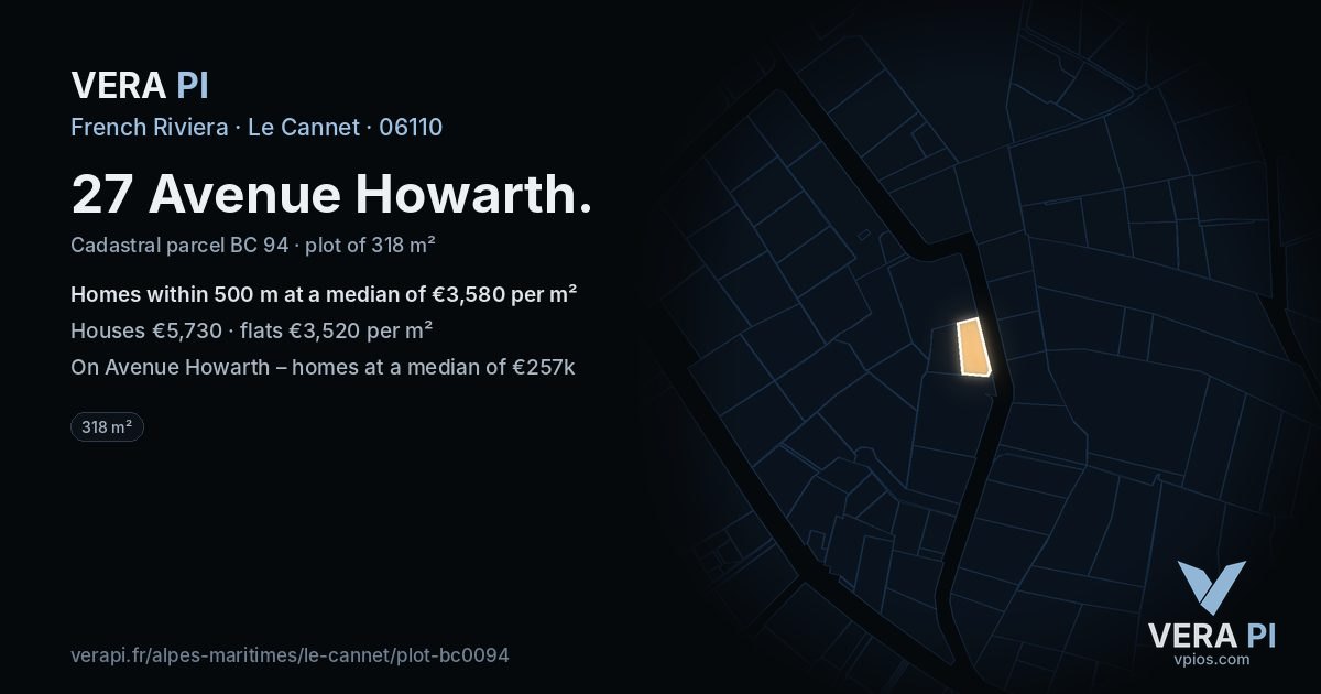 27 Avenue Howarth, Le Cannet at night – the plot lit, the parcels around coloured by the prices near them