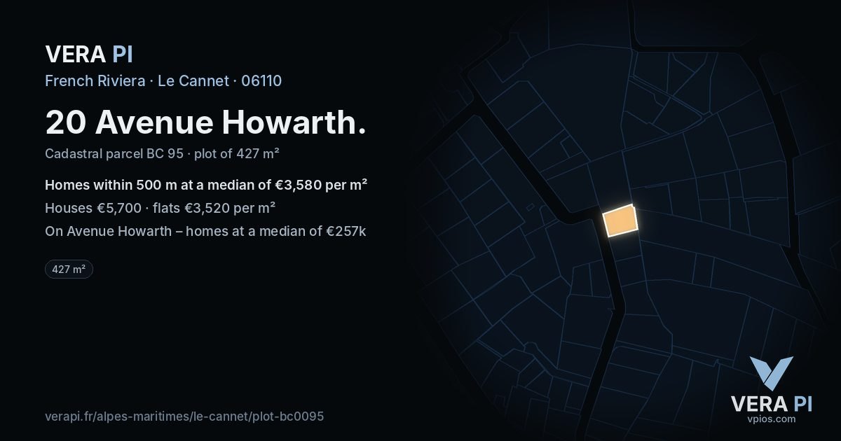 20 Avenue Howarth, Le Cannet at night – the plot lit, the parcels around coloured by the prices near them