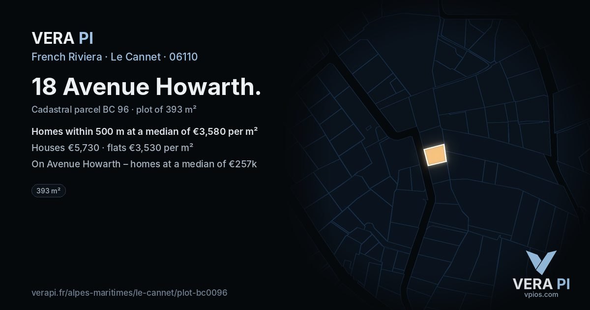 18 Avenue Howarth, Le Cannet at night – the plot lit, the parcels around coloured by the prices near them