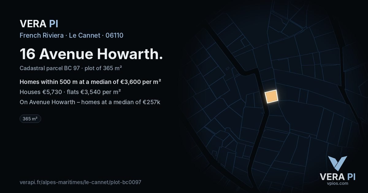 16 Avenue Howarth, Le Cannet at night – the plot lit, the parcels around coloured by the prices near them