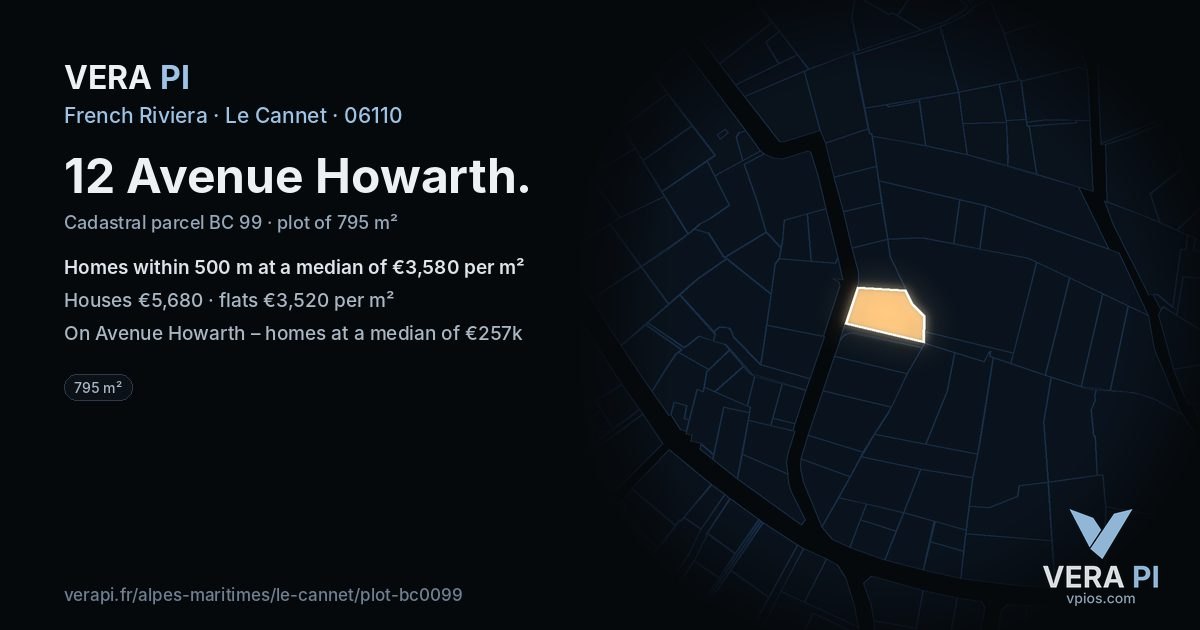 12 Avenue Howarth, Le Cannet at night – the plot lit, the parcels around coloured by the prices near them