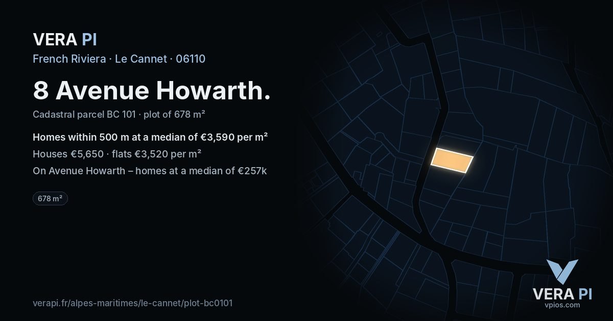 8 Avenue Howarth, Le Cannet at night – the plot lit, the parcels around coloured by the prices near them