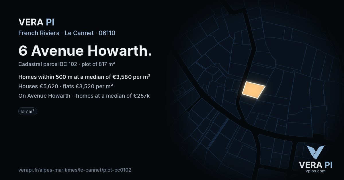 6 Avenue Howarth, Le Cannet at night – the plot lit, the parcels around coloured by the prices near them