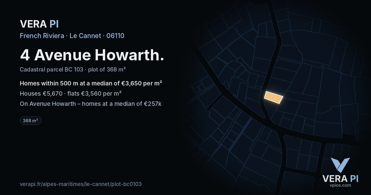 4 Avenue Howarth, Le Cannet at night – the plot lit, the parcels around coloured by the prices near them