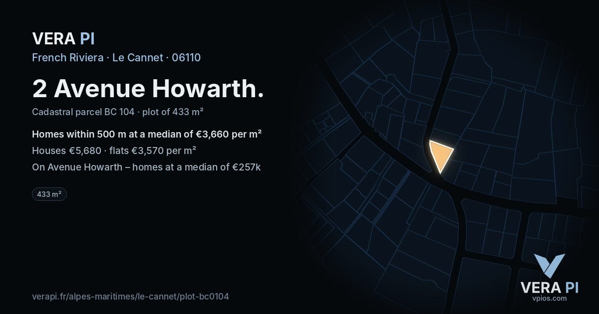 2 Avenue Howarth, Le Cannet at night – the plot lit, the parcels around coloured by the prices near them