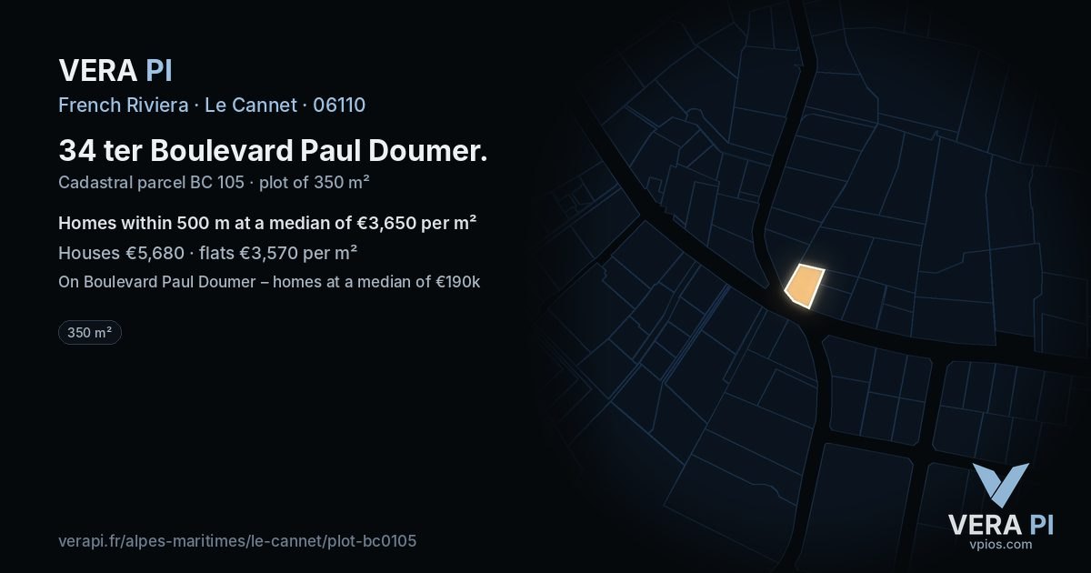 34 ter Boulevard Paul Doumer, Le Cannet at night – the plot lit, the parcels around coloured by the prices near them