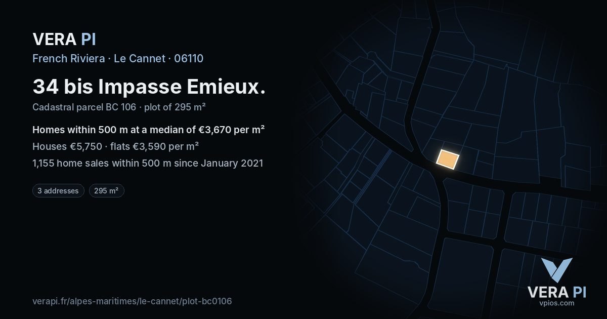 34 bis Impasse Emieux, Le Cannet at night – the plot lit, the parcels around coloured by the prices near them