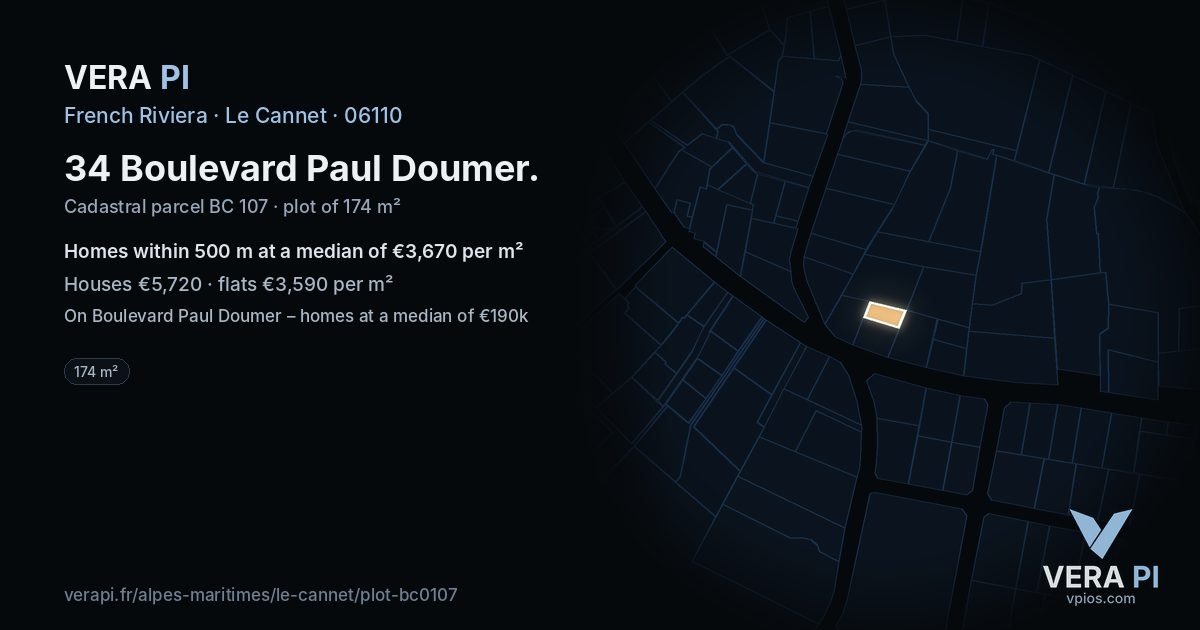 34 Boulevard Paul Doumer, Le Cannet at night – the plot lit, the parcels around coloured by the prices near them