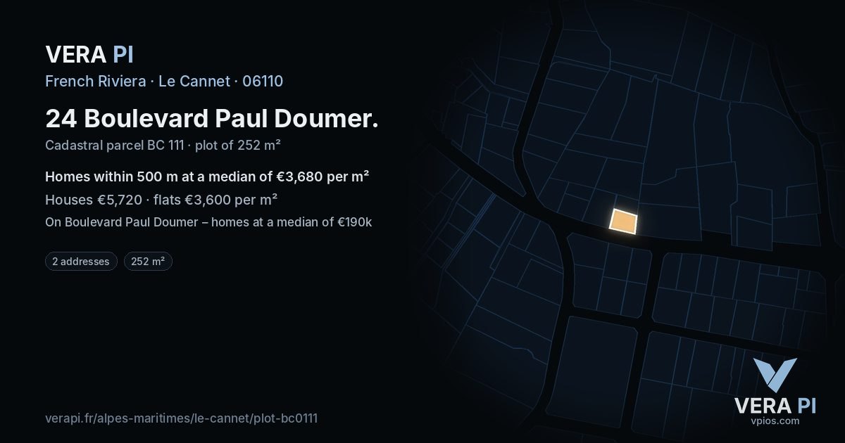 24 Boulevard Paul Doumer, Le Cannet at night – the plot lit, the parcels around coloured by the prices near them